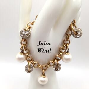 Vintage John Wind Rhinestone Faux Pearl Charm Bracelet, Gold Plate, 7.5 Inches
